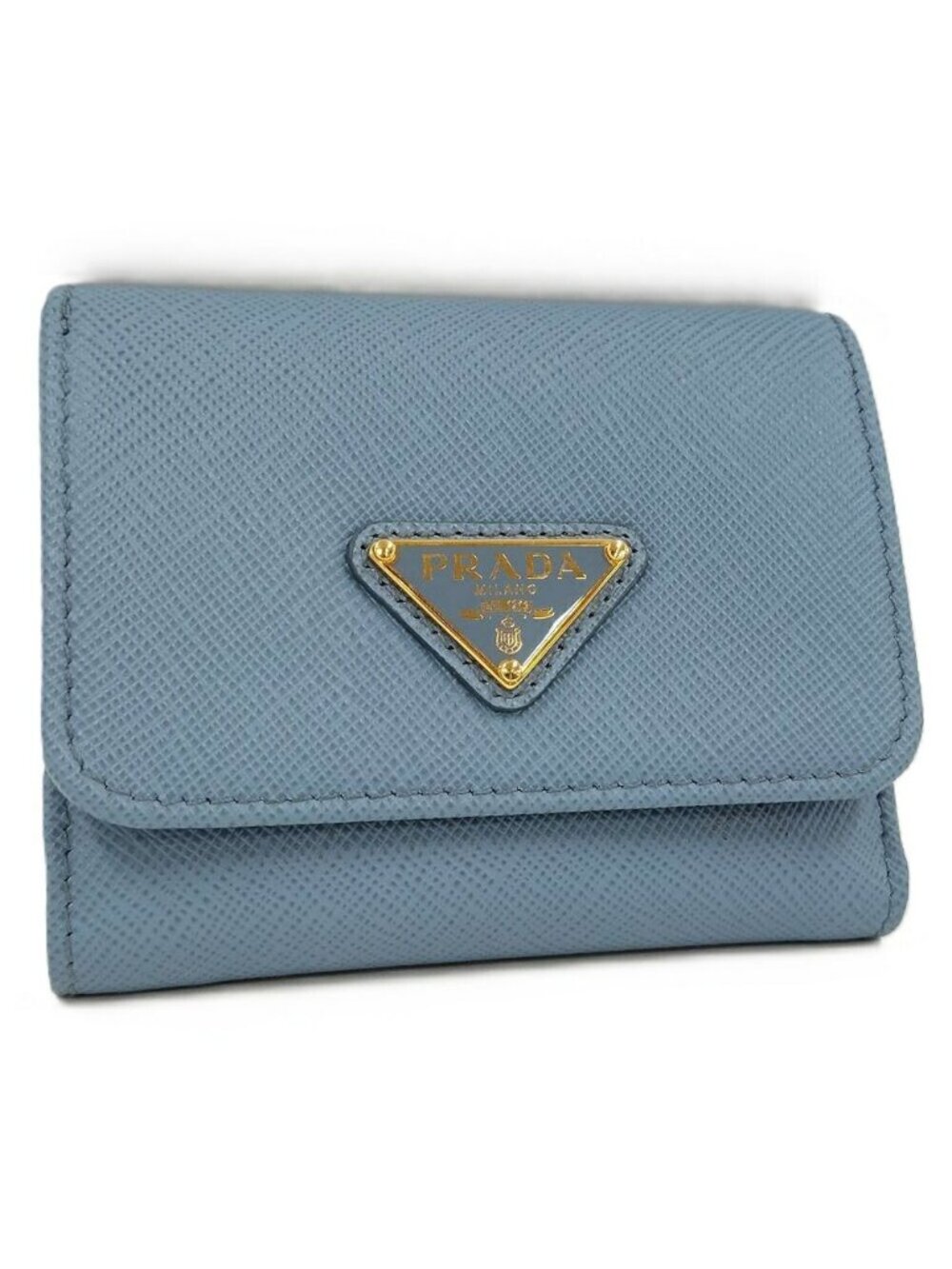 Prada Saffiano Triangle Astral Blue Trifold Wallet